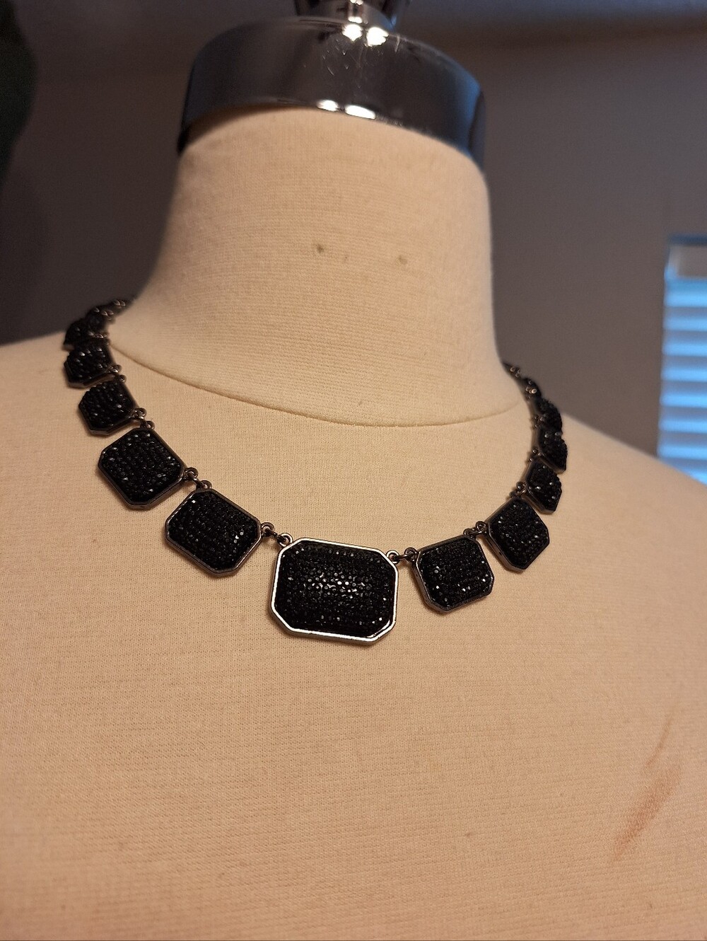 Black Square Faux Diamond multi layer necklace 20"